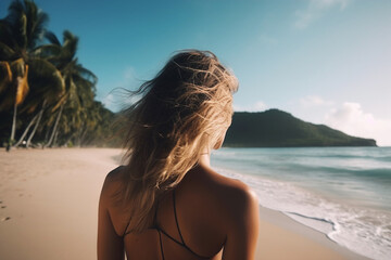 Obraz premium Girl on beach. Created with generative Ai technology.