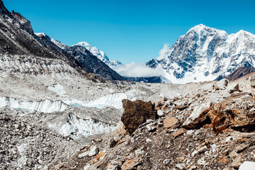 Fototapeta na wymiar Epic Khumbu Glacier on the way to Everest Base Camp in Himalaya mountains. EBS Trekking Route.