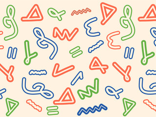90s seamless pattern squiggle kid.  doodle pattern. Trendy minimalist style art background. basic shapes. Simple childish scribble