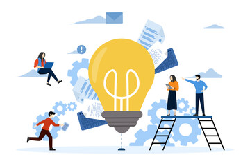Online assistant concept at work. online promotion. manager with team looking for new idea solution, working together in company, brainstorming, vector illustration in flat cartoon style.