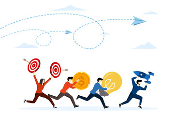 Business teamwork on start-up project startup. people running rocket, investment, idea, new project launch metaphor. the company launched a new accelerated product started. vector illustration.