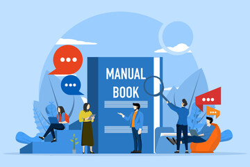 User guide concept. people with instruction guides or textbooks. Read guide and write user guide. Instruction manual, handbook help guide. Flat vector illustration. - obrazy, fototapety, plakaty