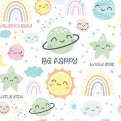 A complex seamless vector pattern with planets and lettering. Sleeping planets. Sun, flax, uranium, Pluto, stars and other planets, rainbow. Cute children's illustrations.