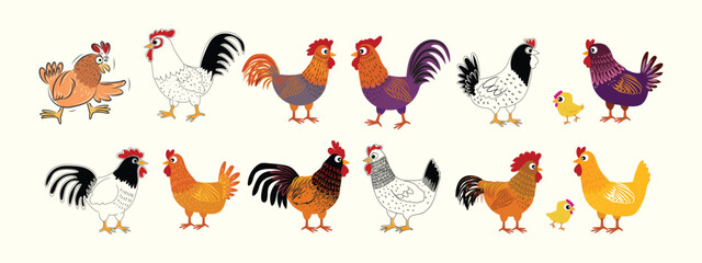 Set of chicken hen rooster icon character hand drawn vector illustration. Pet poultry farm animal symbol.