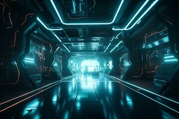 Futuristic indoor space with neon lights in 3D. Generative AI