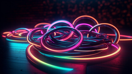 Abstract futuristic neon light background. Circles neon led lines illustration. Generative AI