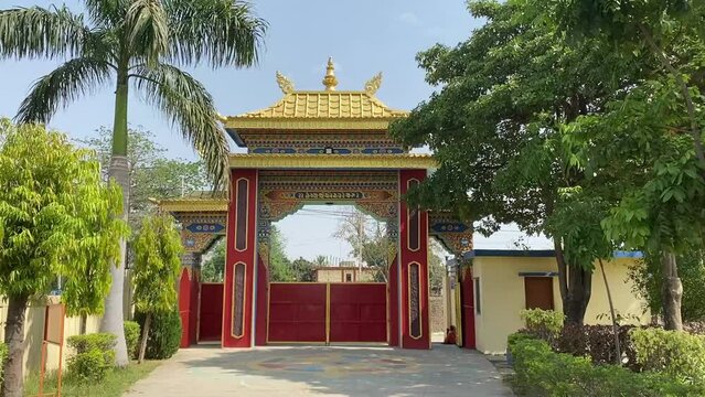 Beautiful gate of Buddhasikkhalay Monastery near Mahabodhi Temple in Bodh Gaia, Bihar state of India.