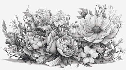 Spring flowers bouquet line art background. Floral and botanical grayscale illustration. Generative AI