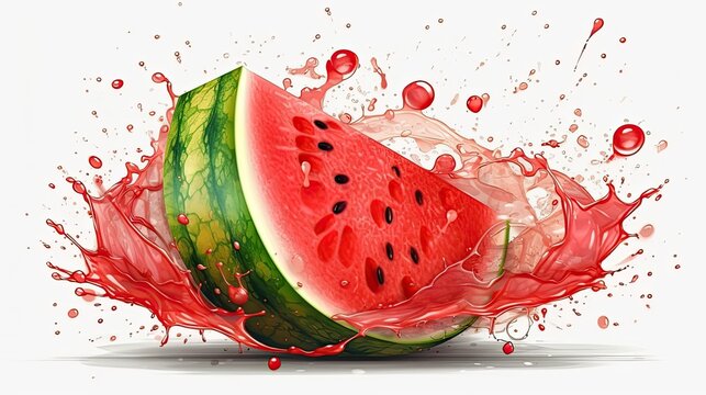 Watermelon fruit in juice splash flow. Illustration of juicy watermelon slice. Natural fresh food. Generative AI