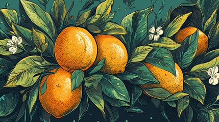 Branches with yellow lemons and green leaves illustration. Botanical painting. Generative AI
