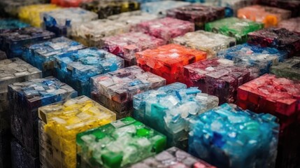 Vibrant Recycled Colorful Plastic Pressed in Cubes, Eco-Friendly Waste Management, Innovative Material Transformation, Generative AI Illustration