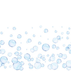 Watercolor drawn seamless border from different size air bubbles on white background. Transparent realistic picture for illustration, stickers, logo, textile printing