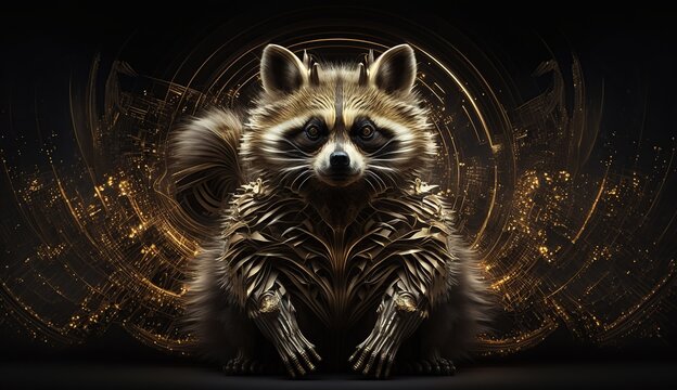 A raccoon face on a dark golden background, cyber thief racoon animal on futuristic background. Created with AI tools