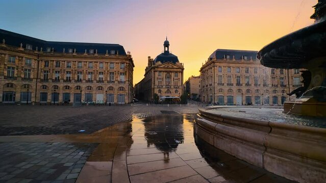 Cinematic footage of Place de la Bourse at sunset in Bordeaux, France. High quality 4k footage