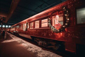 Festive red polar express train adorned with christmas decorations and accompanied by Santa Claus. Generative AI