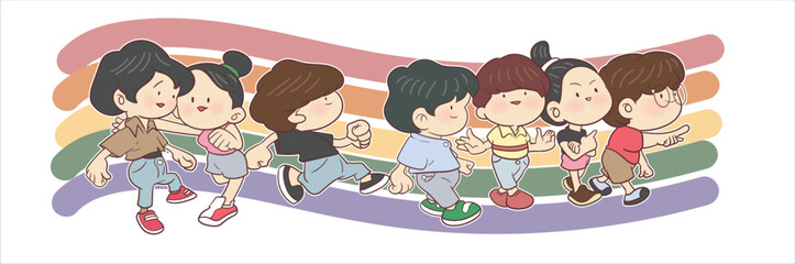 People go forward merrily. are going to do activities together