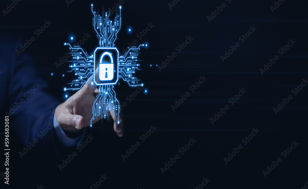 Poster hand shows a shield icon with a lock sign. computer data password protection concept.
