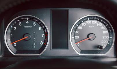 car interior dashboard details. Speedometr.
