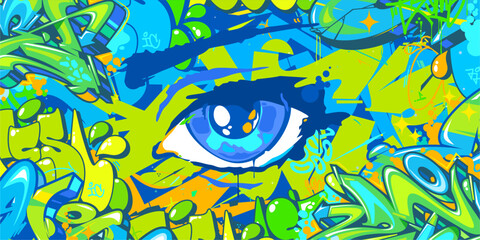Trendy Abstract Urban Colorful Neon Futuristic Street Art Graffiti Style Background With An Big Eye Vector Illustration