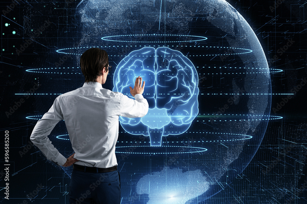 Poster back view of businessman using creative glowing polygonal brain sphere hologram on blurry background