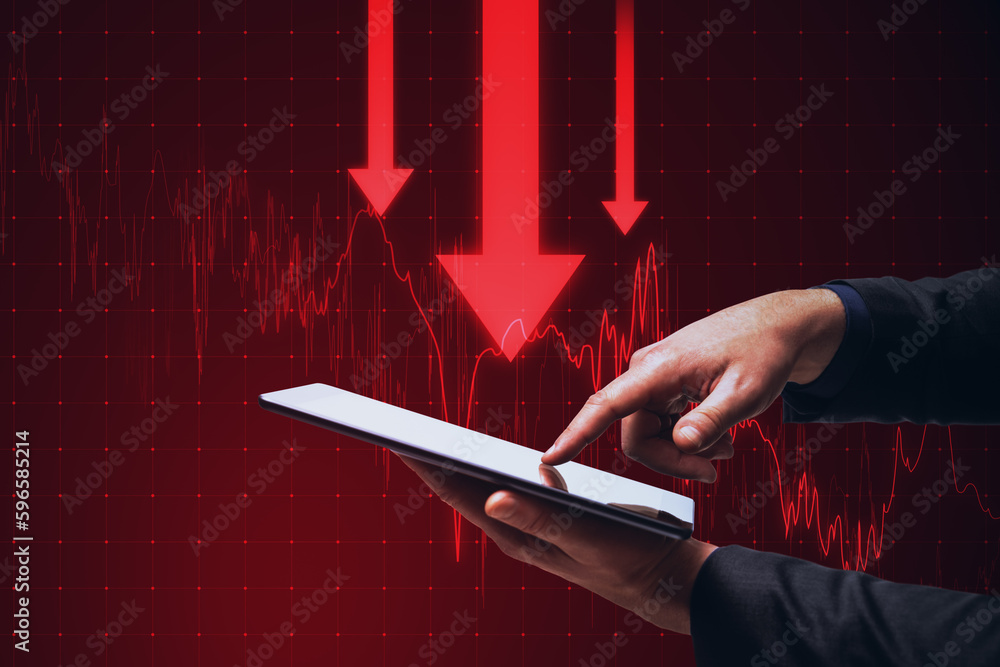 Poster close up of male hands pointing at smartphone with downward red business chart and arrows on blurry 