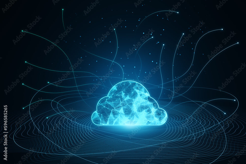 Poster Digital polygonal cloud with lines on blue background. Cloud storage and computing concept. 3D Rendering.