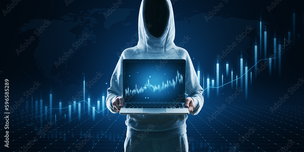 Poster hacker holding laptop with growing business chart on blurry background. business strategy, hacking, 