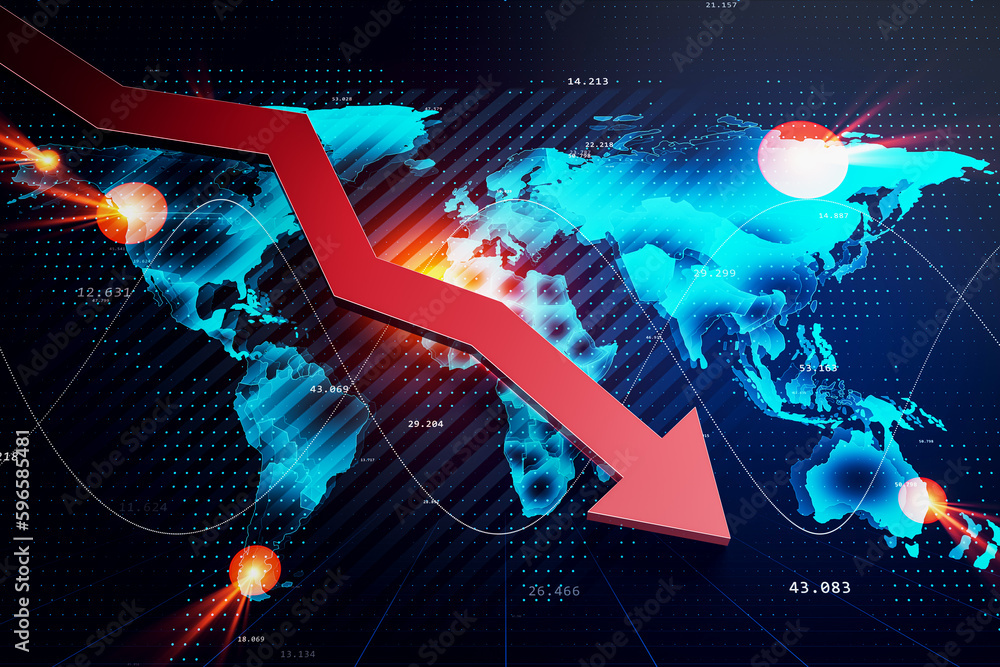 Poster falling financial chart arrow and map on blue background. crisis, downward trend and market crash co