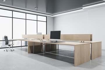 Clean loft concrete and wooden office interior with equipment, furniture and window with city view. Law and legal, workplace concept. 3D Rendering.