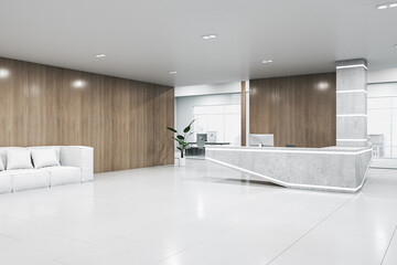 Bright concrete and wooden office interior with reception desk and window with city view. Office lobby and waiting area concept. 3D Rendering.