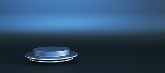 Abstract empty pedestal for product placement and advertisement on wide gradient darl blue background with mock up place. 3D Rendering.