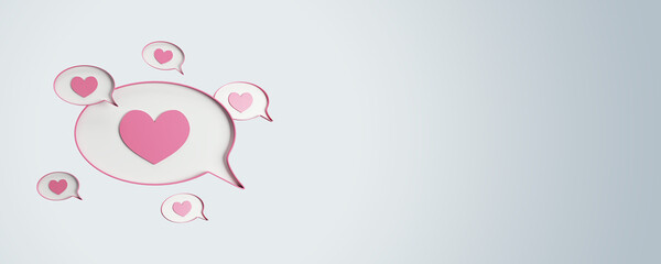 Creative speech bubbles with pink hearts on light wide mock up background. Social media, online dating and apps concept. 3D Rendering.