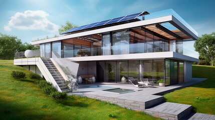 generative ai illustration of villa with photovoltaic panels, system solar