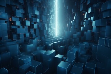 Futuristic tech backdrop with precisely organized sleek cubes in blue, 3D design. Generative AI