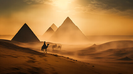 Fototapeta na wymiar Kamel in der Wüste vor Pyramiden / Ägypten bei Sandsturm