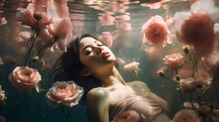 Model Unterwasser mit pinken Rosen. KI Generiert - obrazy, fototapety, plakaty