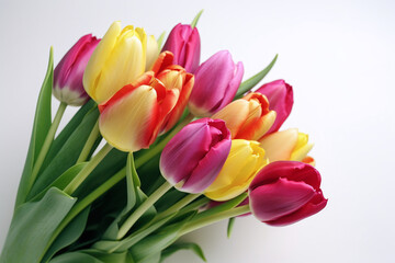 Obraz na płótnie Canvas Gros plan sur un bouquet de tulipes coloré sur fond gris » IA générative
