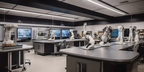 A shot of a university robotics lab with a humanoid robot Generative AI
