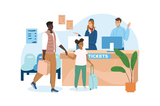 Airport blue concept with people scene in the flat cartoon style. Father and daughter buy plane tickets to travel. Vector illustration.