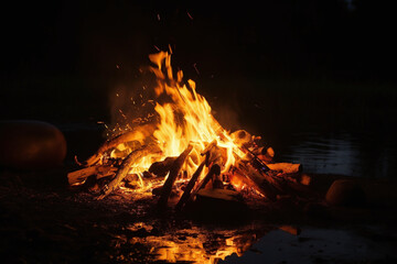 Naklejka premium Un feu de camp au bord de l'eau dans une forêt la nuit » IA générative