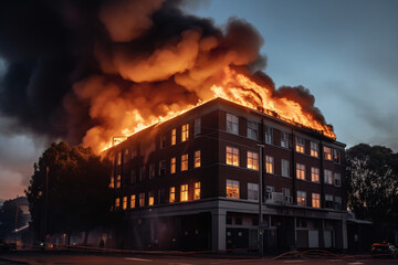Vue sur un immeuble en feu » IA générative - obrazy, fototapety, plakaty