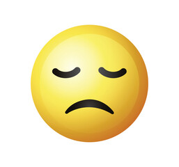 High quality emoticon on white background. Pensive, remorseful face ,saddened by life. Yellow face with Sad emoji. Unhappy emoticon.