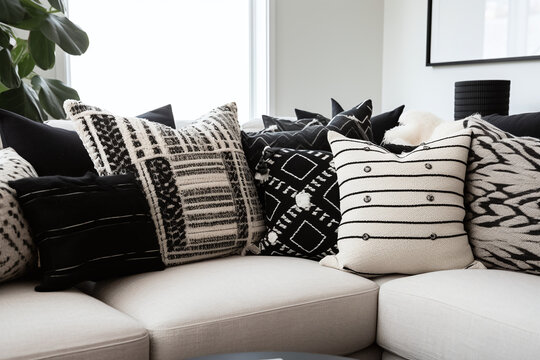 Des coussins avec motifs en noir et blanc sur un canap&eacute; d'angle &raquo; IA g&eacute;n&eacute;rative
