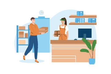 Post office blue concept with people scene in the flat cartoon style. Man picks up a parcels from the post office. Vector illustration.