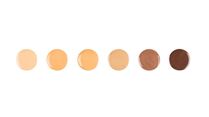 Diverse skin tone makeup foundation round drops. Isolated, cut out.