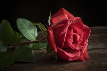 Une belle rose rouge pos&eacute;e sur une table en bois &raquo; IA g&eacute;n&eacute;rative