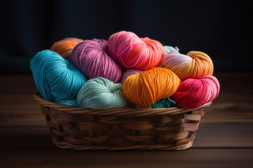 Des pelotes de laine multicolores dans un panier en osier » IA générative - obrazy, fototapety, plakaty