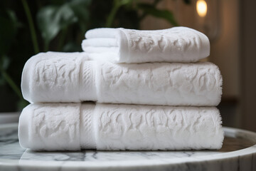 Des serviettes blanches sur du marbre dans la chambre d'un hôtel » IA générative