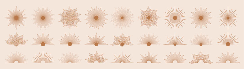 Hand drawn set of Sun, sunburst, light rays in line art. Bohemian symbol bursting sun rays. Magic talisman, antique style, boho, tattoo, logo. Vector illustration isolated on a beige background