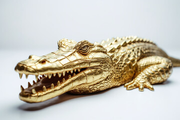Fototapeta premium Gros plan sur un crocodile en or sur fond gris » IA générative